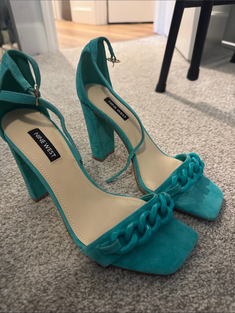 Nine West Turquoise Chain-Detail Block Heel Sandals